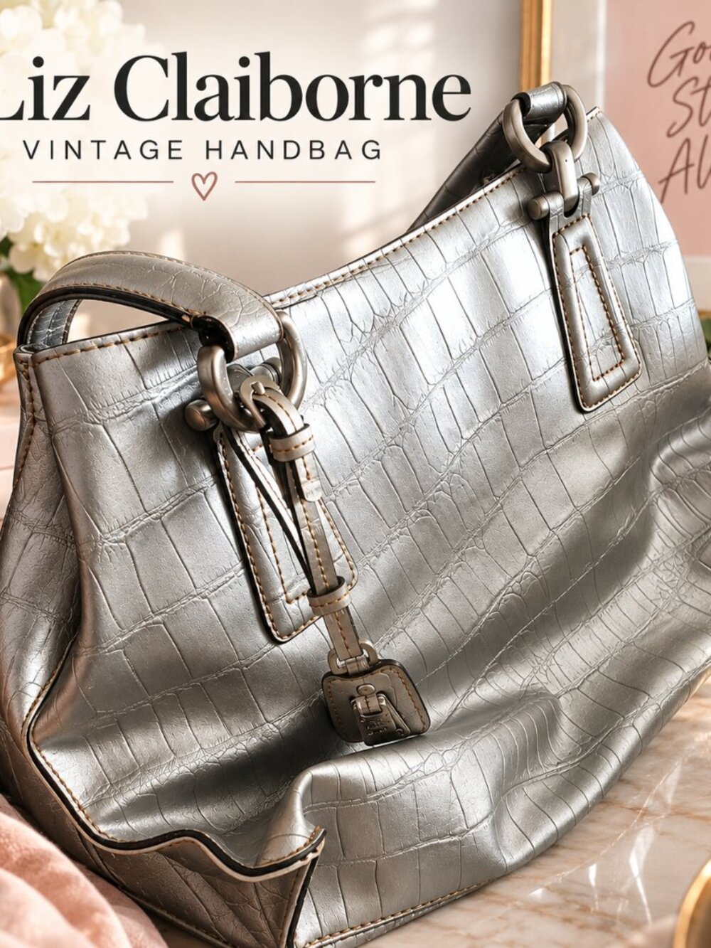 Liz Claiborne Silver Metallic Croc Embossed Y2K Purse